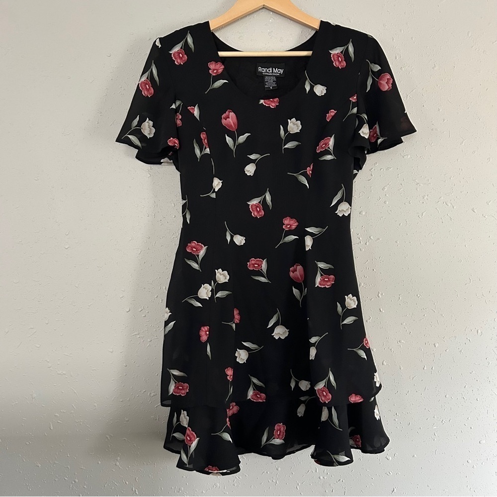 Randi May Vintage Black Red Floral Ruffle Mini Dress Tunic Casual 12